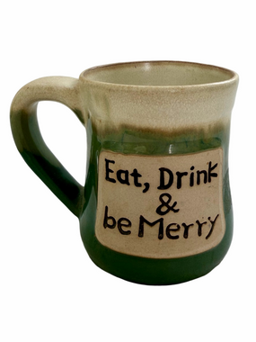 ND Exclusives “Eat, Drink & be Merry” Large Stoneware Mug Pottery Green Clay